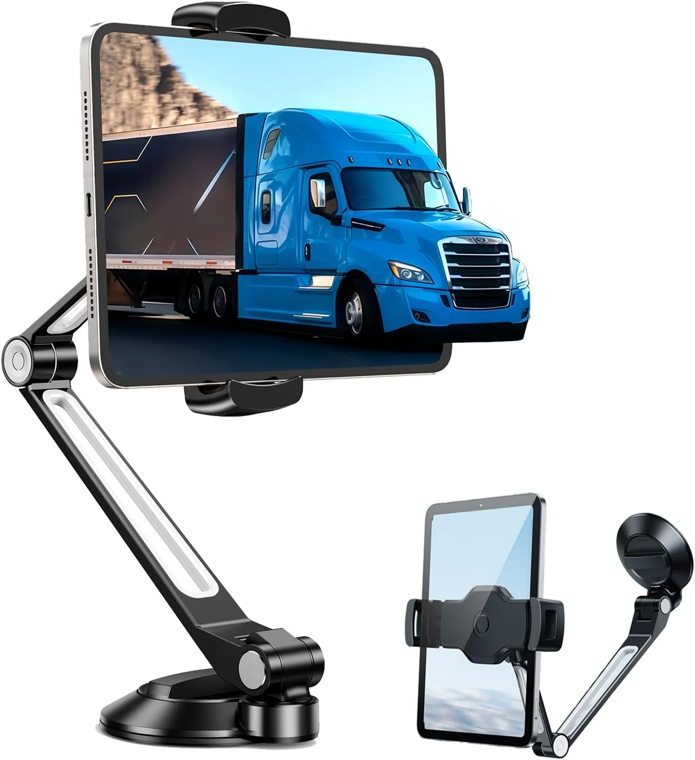 پایه نگهدارنده تبلت برای کامیون، با بازوی بلند 360 درجه و مکنده فنجانی، پایه نگهدارنده تبلت سنگین برای داشبورد و شیشه جلوی خودرو مناسب برای کامیون های نیمه سنگین/شاسی بلند/ون، لوازم جانبی خودرو مناسب برای آیپد پرو ایر مینی آیفون 4.7-12.9 اینچی