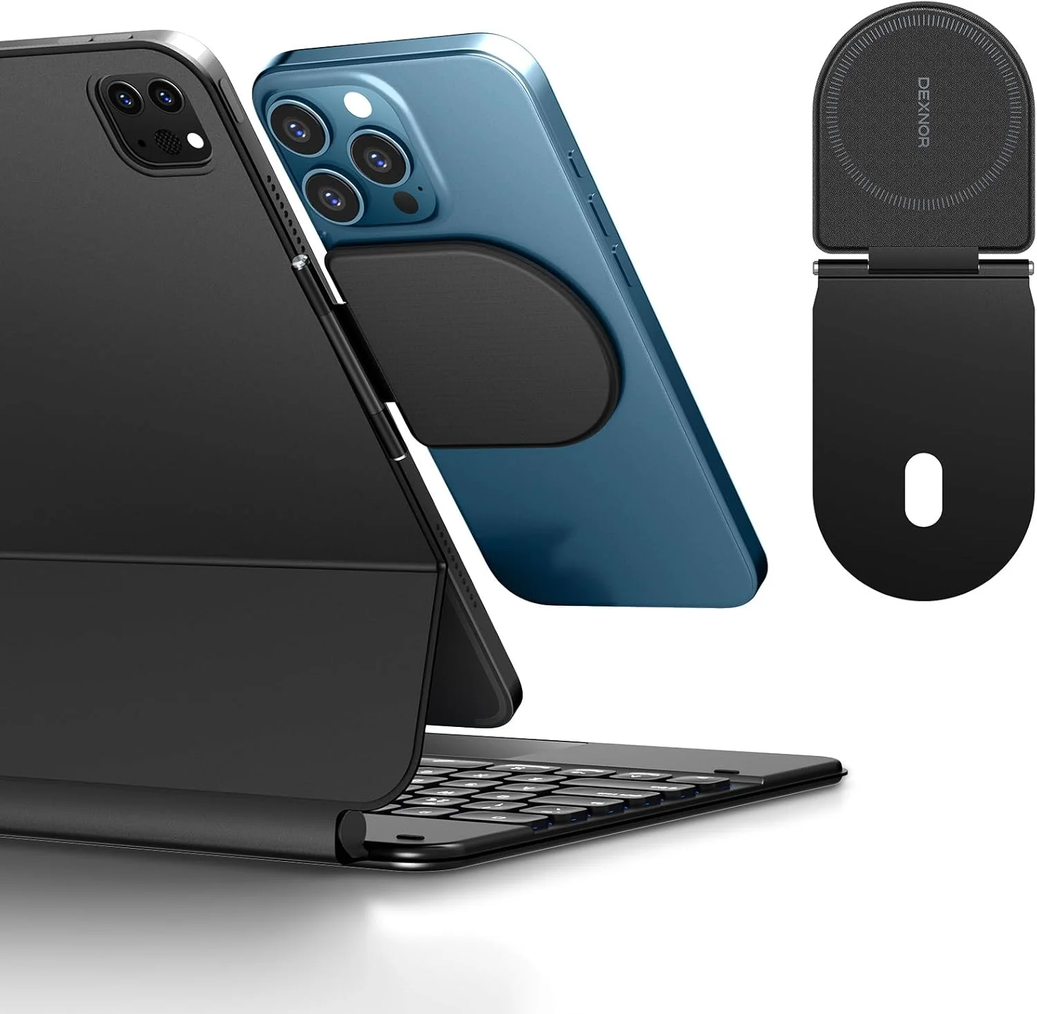 نگهدارنده مغناطیسی گوشی Dexnor برای کیبورد جادویی، سازگار با گوشی های مگ سیف و غیر مگ سیف، پایه تاشو باریک و قابل حمل برای افزایش بهره وری، مناسب برای کاورهای کیبورد مغناطیسی آیپد/سامسونگ - مشکی