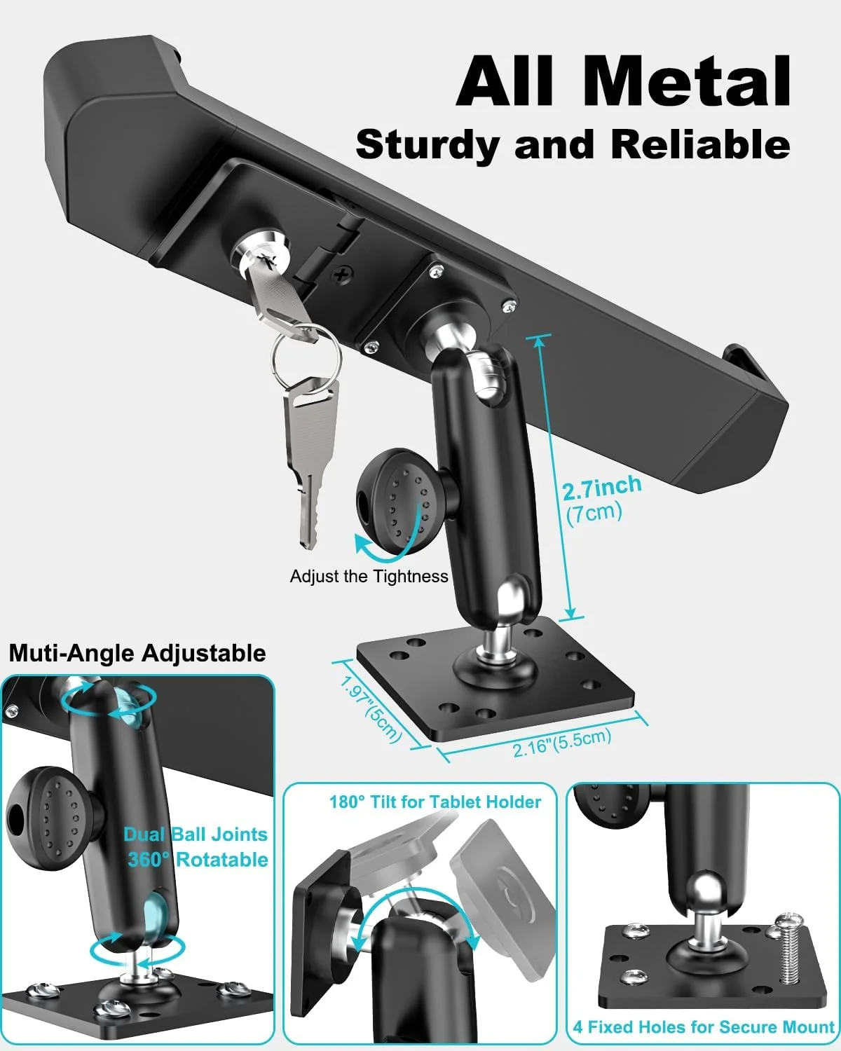 نگهدارنده تبلت ضد سرقت برای خودرو، نگهدارنده تبلت مستحکم داشبورد برای کامیون، پایه تبلت با قفل ایمنی و زاویه چرخش 360 درجه برای خودرو ELD/ون/وسایل نقلیه، مناسب برای آیپد پرو 12.9 11 ایر 13، دستگاه های 9-14 اینچی