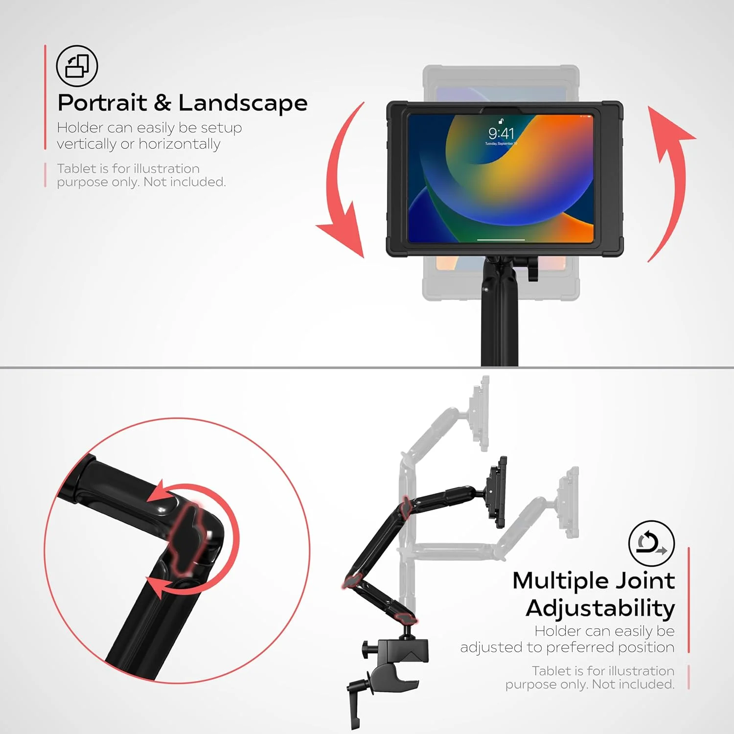 پایه گیره ای CTA Digital برای آیپد نسل 10 - پایه گیره ای انعطاف پذیر با قاب شارژ القایی بی سیم برای میزها - میله ها - آیپد نسل 10 10.9 اینچی و موارد دیگر - مشکی (PAD-CFCICCS)