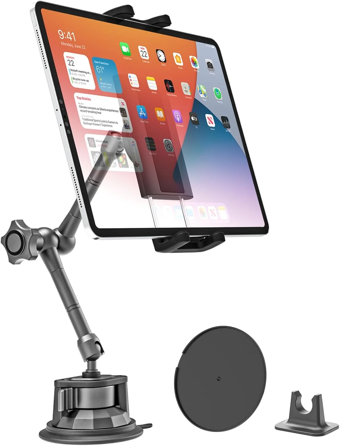 نگهدارنده تبلت شیشه جلوی خودرو فلزی Charchendo با بازوی آلیاژ آلومینیوم 10.43 اینچی، پایه مکنده قابل تنظیم 360 درجه جهانی مناسب برای آیپد پرو/ایر/مینی 4-13 اینچی، آیفون های Galaxy Z Fold