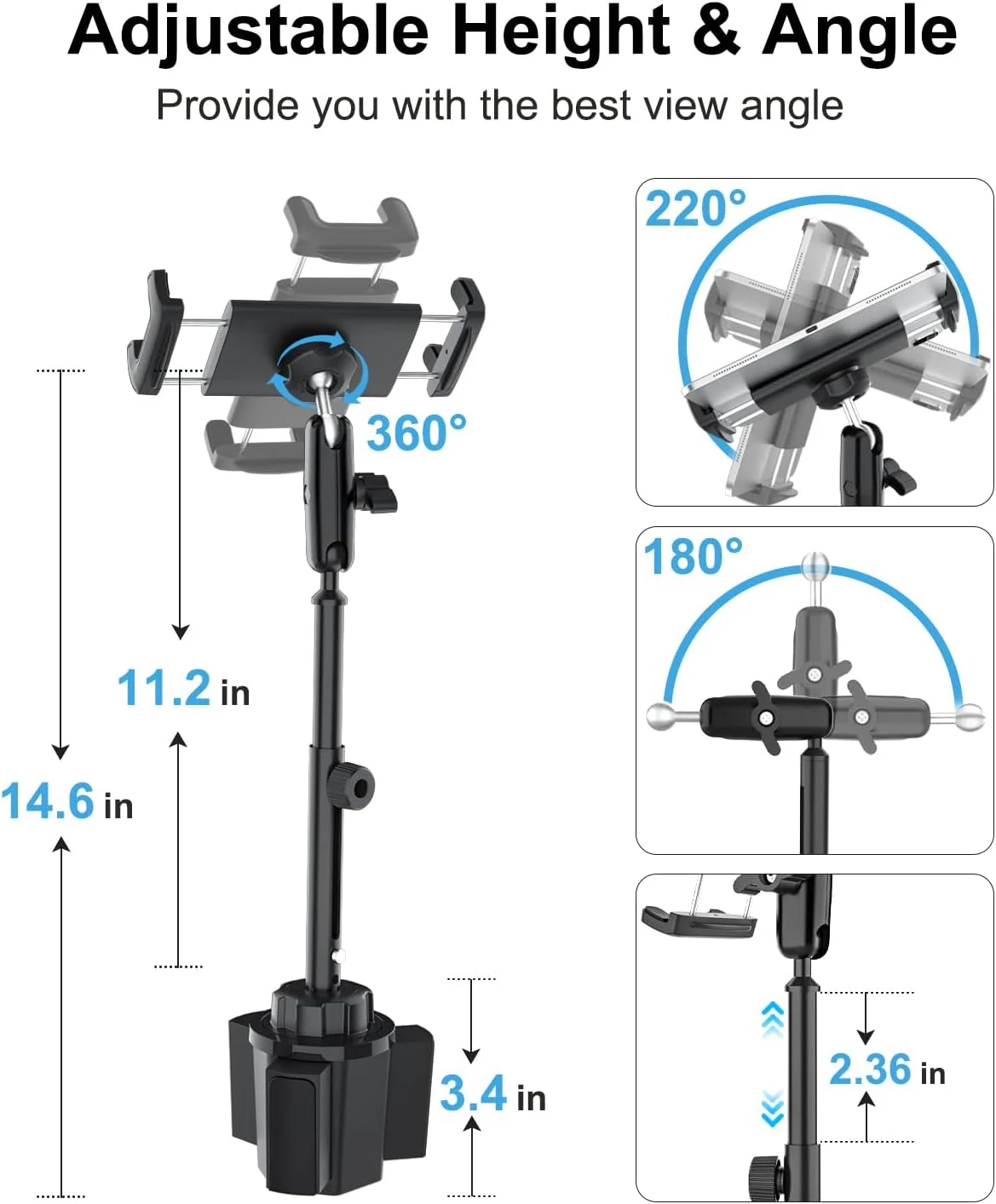 پایه تبلت داخل خودرو، نگهدارنده فنجانی با بازوی فلزی قابل تنظیم ارتفاع، گیره تبلت جهانی برای آیپد پرو ایر مینی 4 تا 13 اینچی، تلفن، گلکسی زد فولد، فایر اچ دی