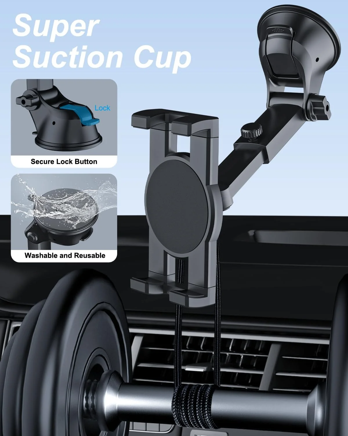 پایه تبلت داشبورد خودرو - نگهدارنده تبلت خودرو برای داشبورد کامیون و شیشه جلو با بازوی تلسکوپی برای دستگاه های 4.7-13 اینچی آیپد پرو، ایر، مینی، گلکسی تب، زد فولد، فایر اچ دی