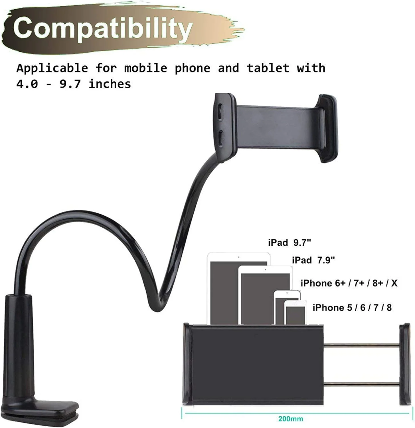 پایه نگهدارنده تبلت و موبایل 2 در 1 گیره دار با بازوی بلند و انعطاف پذیر گردنی، سازگار با آیپد/آیفون X/8/7/6/6s پلاس سامسونگ S8/S7 آمازون کیندل فایر HD و غیره - مشکی پایه نگهدارنده تبلت و موبایل 2 در 1 گیره دار با بازوی بلند و انعطاف پذیر گردنی، سازگار با آیپد/آیفون X/8/7/6/6s پلاس سامسونگ S8/S7 آمازون کیندل فایر HD و غیره - مشکی
