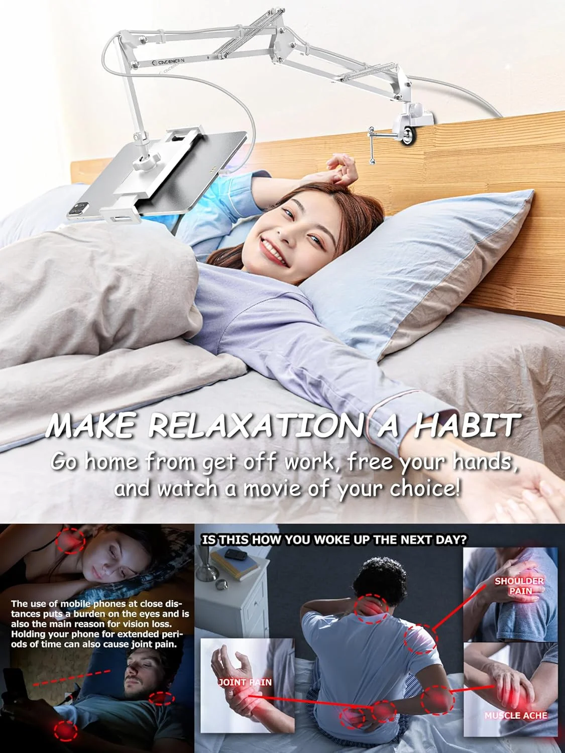 پایه تبلت تاشو، نگهدارنده تبلت قابل تنظیم برای تخت، نگهدارنده تبلت انعطاف پذیر جهانی با چرخش 360 درجه برای آیپد/آیفون ایکس/آیپد پرو/ان-سوییچ یا سایر دستگاه های 4.5 تا 13.5 اینچی (سفید)