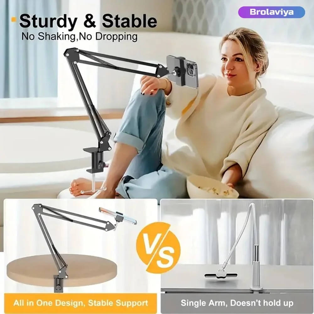 پایه رومیزی تبلت و موبایل BROLAVIYA، گیره انعطاف پذیر گردنی برای موبایل و تبلت، مناسب برای دستگاه های 4 تا 10.6 اینچ، برای ویدیوهای بالای سر، میز کار، اتاق خواب، دفتر کار، مشکی