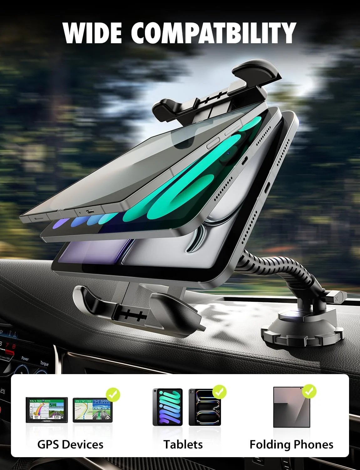 نگهدارنده تبلت Bracketron TekGrip برای شیشه جلو و داشبورد خودرو - پایه نگهدارنده تبلت خودرو با قابلیت تنظیم 360 درجه با گردن غازی - سازگار با آیپد، تبلت ها، GPS تا 13 اینچ - مشکی