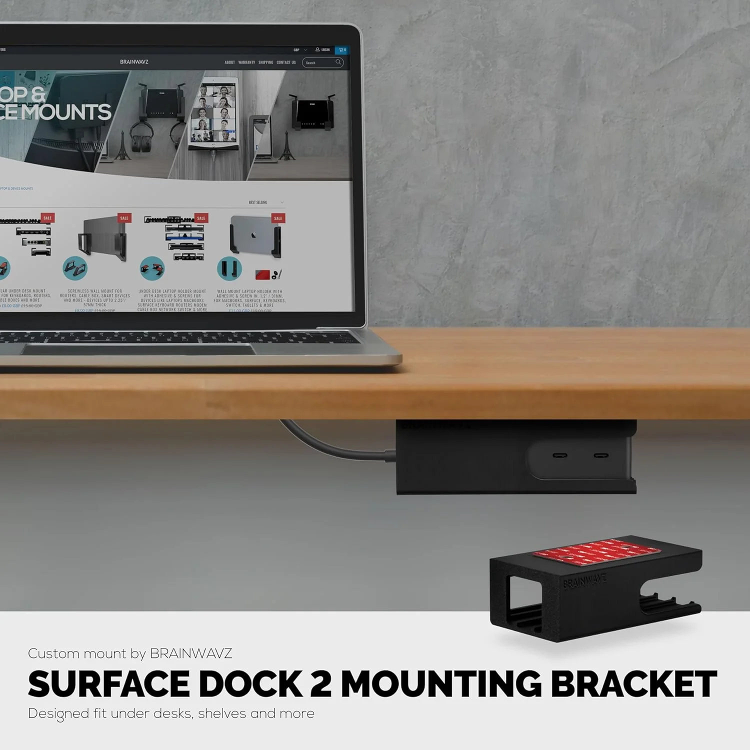 نگهدارنده زیر میزی BRAINWAVZ برای Surface Dock 2، نصب آسان، چسب VHB قوی با گزینه پیچ