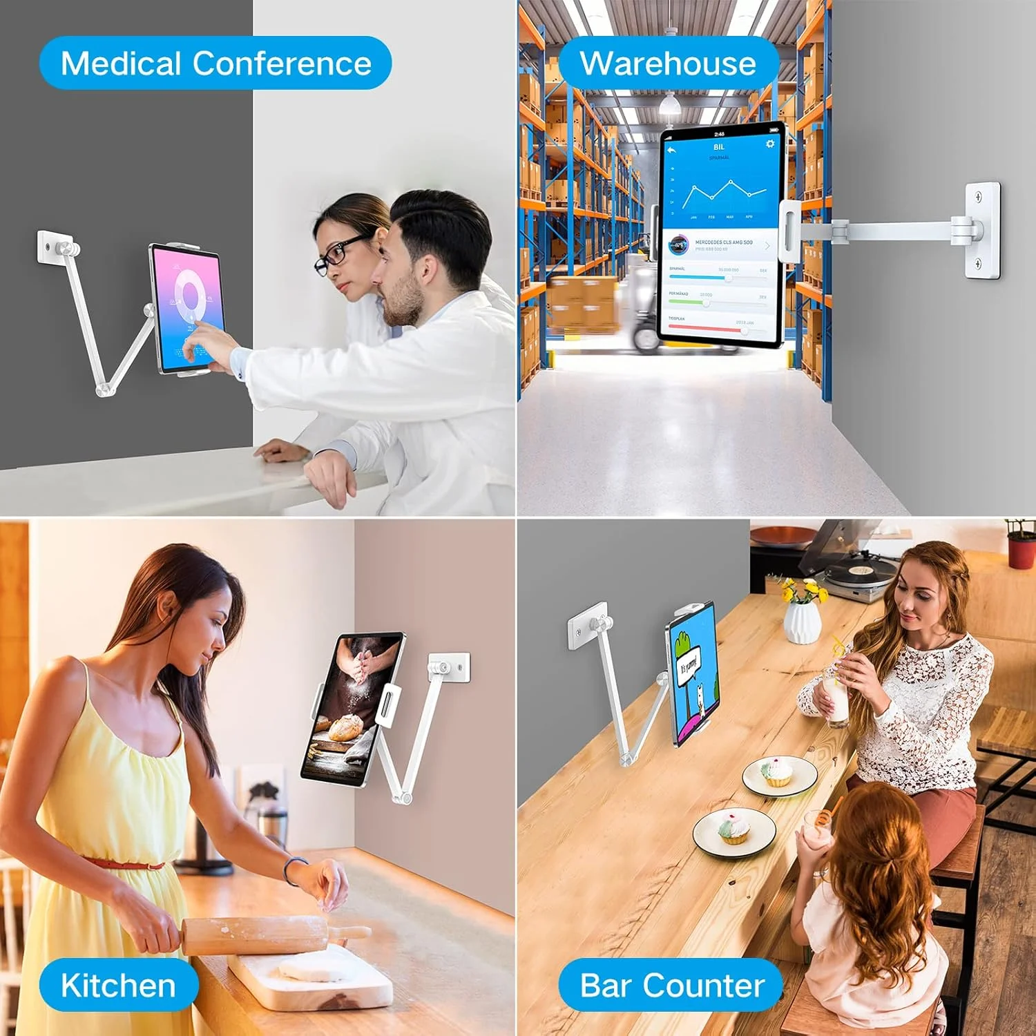 بازوی نگهدارنده دیواری تبلت BEWISER، پایه نگهدارنده آیپد، چرخش 360 درجه قابل تنظیم، آلیاژ آلومینیوم سازگار با پد 4.7-12.9 اینچی، تلفن، کیندل، گلکسی تب، سفید
