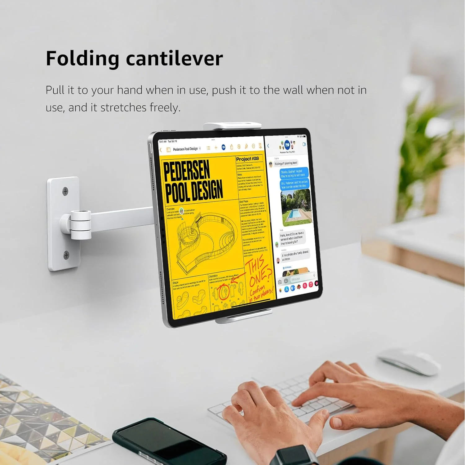 بازوی نگهدارنده دیواری تبلت BEWISER، پایه نگهدارنده آیپد، چرخش 360 درجه قابل تنظیم، آلیاژ آلومینیوم سازگار با پد 4.7-12.9 اینچی، تلفن، کیندل، گلکسی تب، سفید