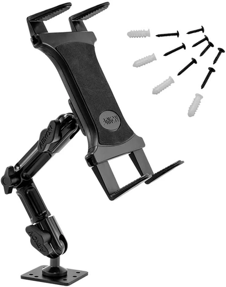 نگهدارنده تبلت سنگین Arkon - بازوی قابل تنظیم با پایه نصب مته ای برای خودرو، داشبورد، دیوار، میز، کامیون، وسایل نقلیه، روی میز - پایه انعطاف پذیر حرفه ای برای Apple iPad و تبلت های Android