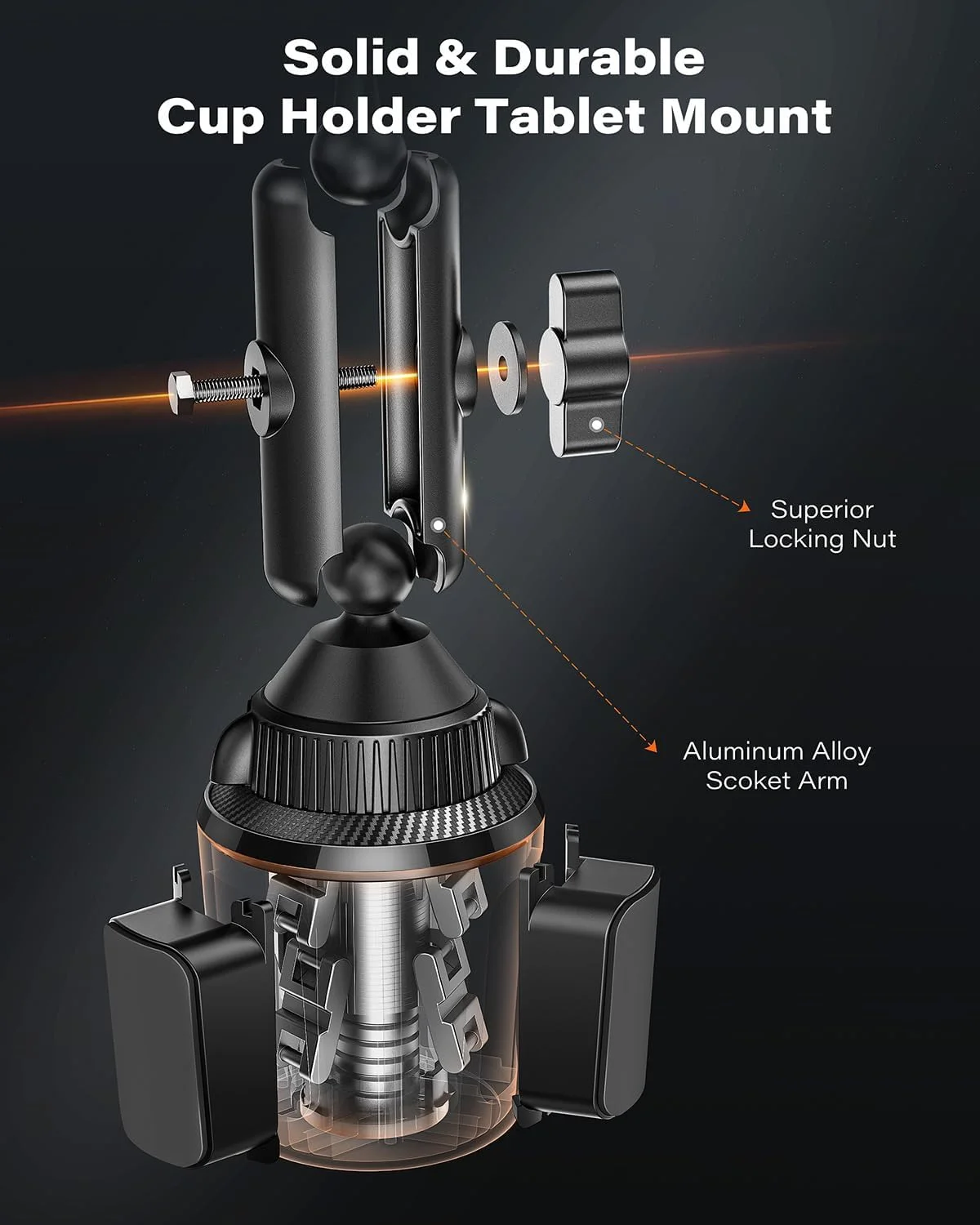 پایه نگهدارنده آیپد APPS2Car برای جا لیوانی خودرو، بازوی آلیاژی قابل تنظیم برای خودرو، پایه تبلت مناسب برای تلفن های همراه و تبلت های 4.7 تا 12.9 اینچی