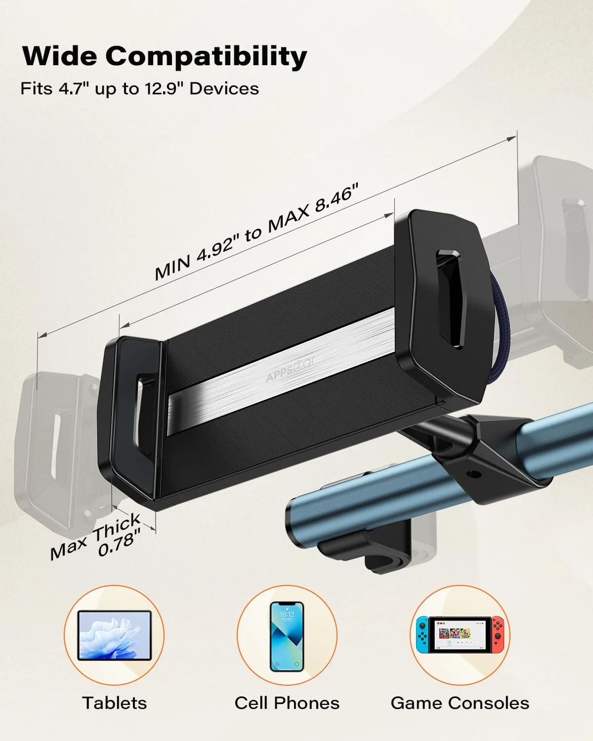 نگهدارنده تبلت APPS2Car برای پشت سری خودرو، پایه صندلی عقب با میله آلیاژ آلومینیوم، مناسب برای آیپد/ایر/مینی/گلکسی/فایر اچ دی/کیندل/سوییچ 4.7-13 اینچی - ضروری برای سفرهای جاده ای کودکان