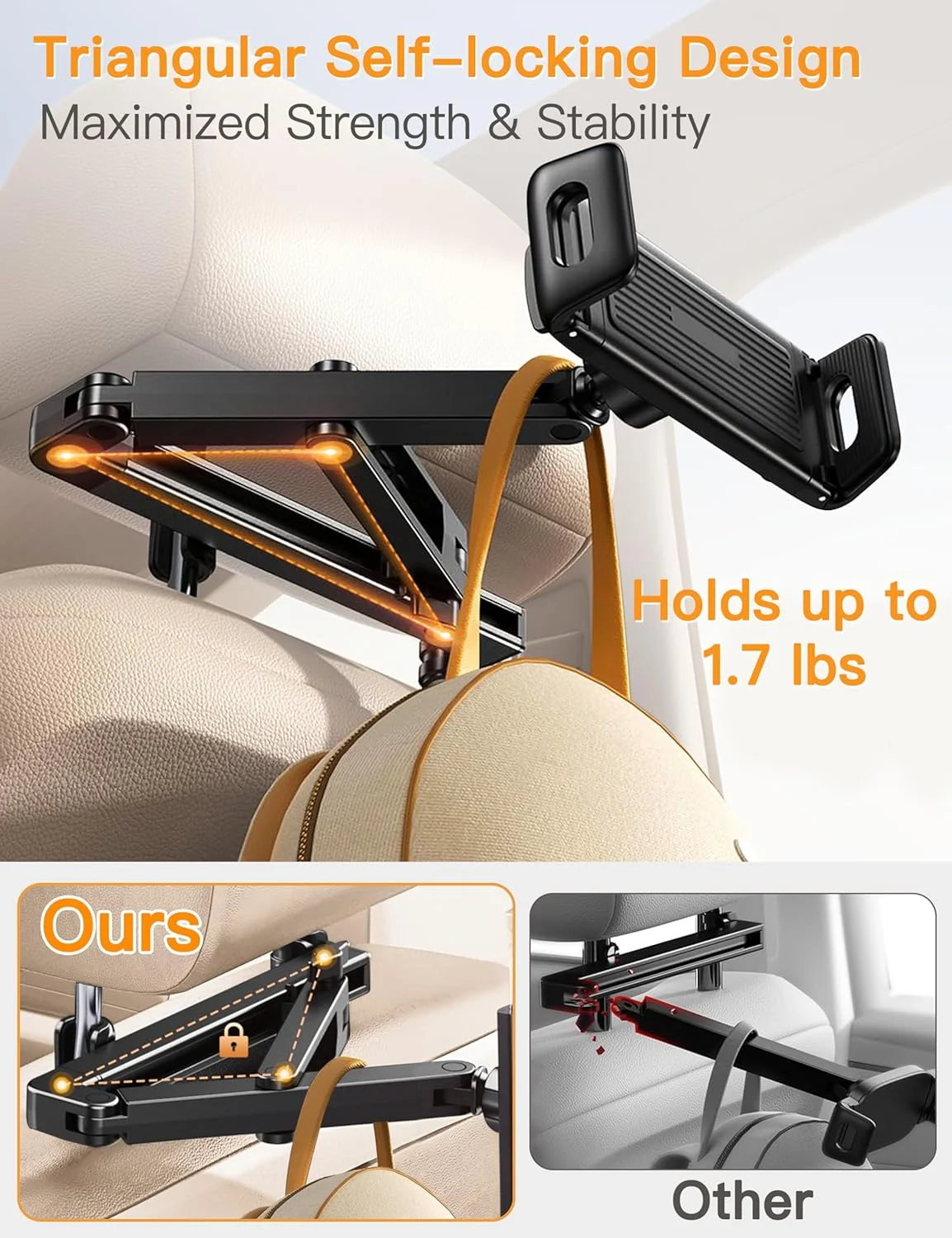 نگهدارنده تبلت برای خودرو، نگهدارنده آیپد با ساختار مثلثی برای خودرو، لوازم ضروری سفر جاده ای برای کودکان، پایه تبلت برای خودرو، پایه آیپد برای خودرو مناسب برای آیپد پرو، ایر، مینی، گلکسی، سوییچ، دستگاه های 4.5 تا 13 اینچی