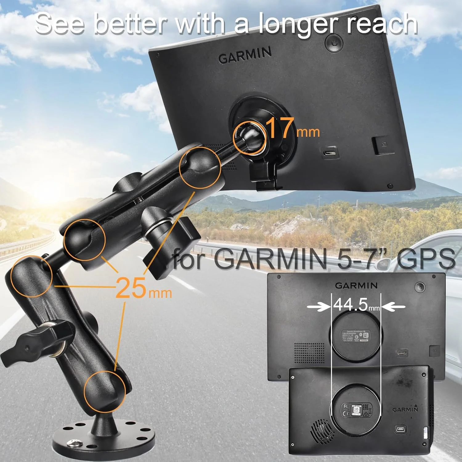 پایه آلومینیومی GPS با آداپتور 25-17 میلی‌متری برای GPS گارمین با سوکت 17 میلی‌متری، بازوی اکستنشن دو میله‌ای 10.9 اینچی، استاندارد AMPS برای آیپد و ماهی یاب Striker 4، پایه T-Bolt Track، سازگار با RAM B-Size