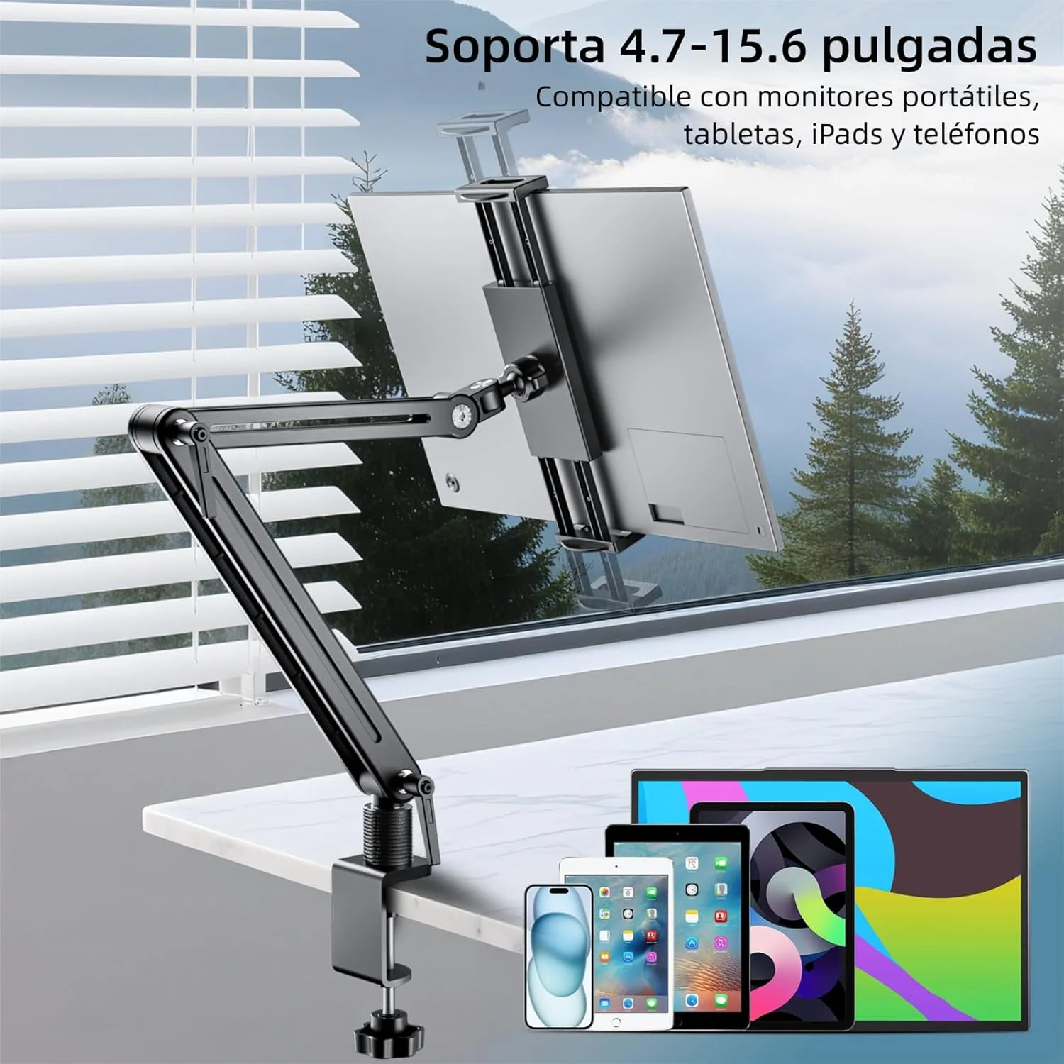 پایه نگهدارنده تبلت آلومینیومی با بازوی چرخشی - پایه فلزی با چرخش 360 درجه، بازوی انعطاف پذیر، سازگار با آیپد ایر/پرو/مینی، سامسونگ گلکسی و تمام دستگاه های 4.7-17.3 اینچی، پایه مانیتور قابل حمل