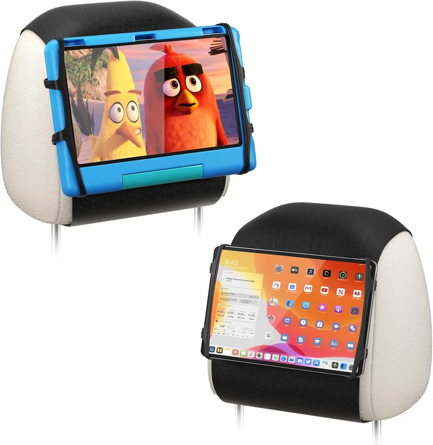 نگهدارنده تبلت یونیورسال 2 عددی - سازگار با تبلت های 7 تا 12.9 اینچی و کنسول بازی سوییچ - پایه پشت سری خودرو با زاویه قابل تنظیم و نگهدارنده سیلیکونی ایمن - مناسب برای اکثر خودروها