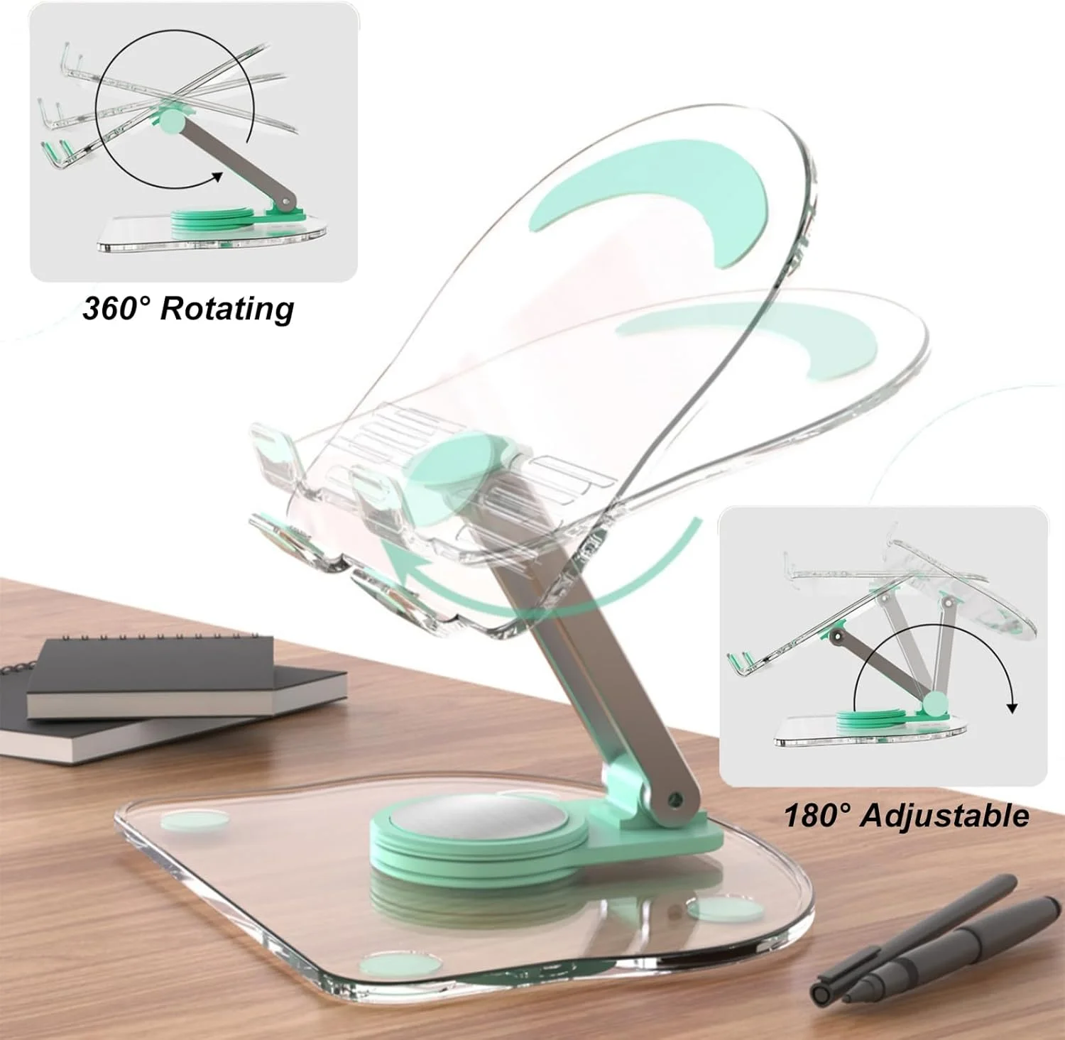 پایه نگهدارنده تبلت و گوشی هوشمند اکرلیک، پایه تاشو و قابل تنظیم با چرخش 360 درجه مناسب جلسات، تماشای فیلم و چت تصویری، طراحی ساده و شفاف (سفید)