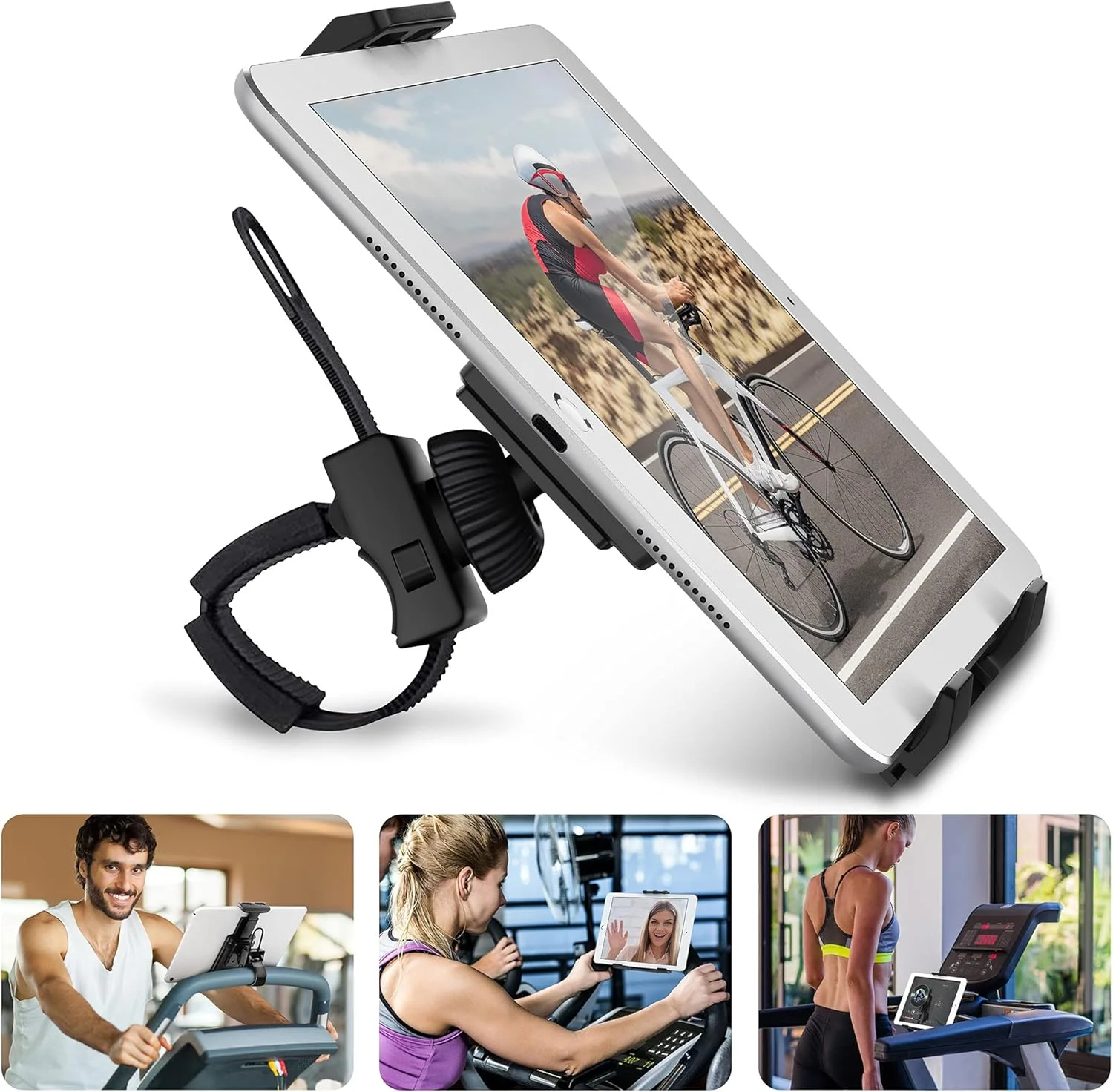 پایه نگهدارنده یونیورسال AboveTEK برای آیپد، پایه آیپد/آیفون برای دوچرخه ثابت - ضد ضربه با قابلیت چرخش 360 درجه، بند قابل تنظیم 3.5 تا 12 اینچی برای باشگاه، تردمیل، دوچرخه اسپینینگ، الپتیکال