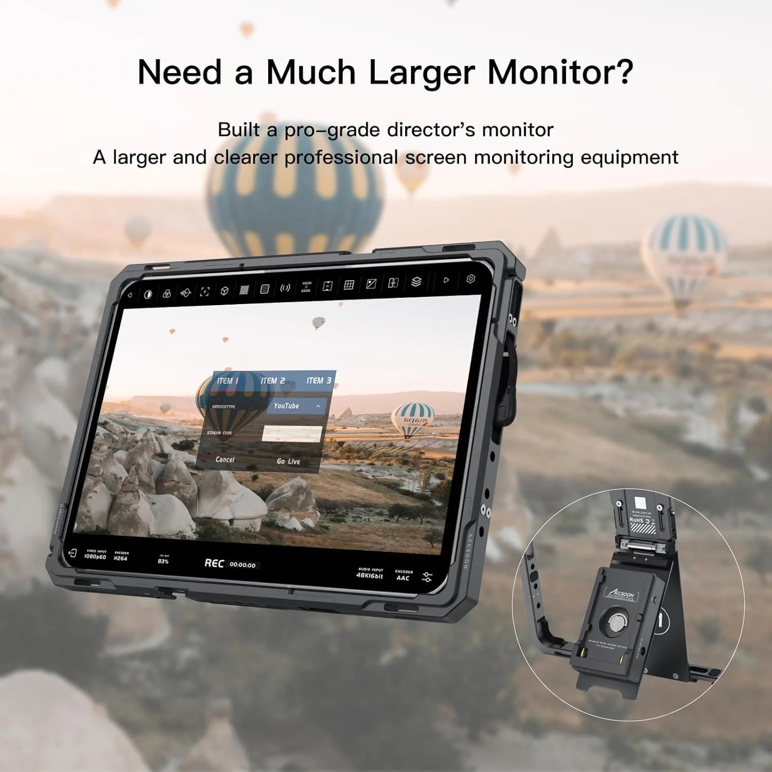 محافظ آیپد Accsoon PowerCage II با آداپتور باتری NP-F و پیچ 1/4 اینچی، سازگار با آیپد نسل 7، 8، 9، 10، 11، آیپد ایر 3، 4، 5، 6، 7، آیپد پرو 10.5-11 اینچ (نسل 1، 2، 3، 4، M4)، قفس محافظ آیپد قابل تنظیم، قابل استفاده با SeeMo 4K/Nano