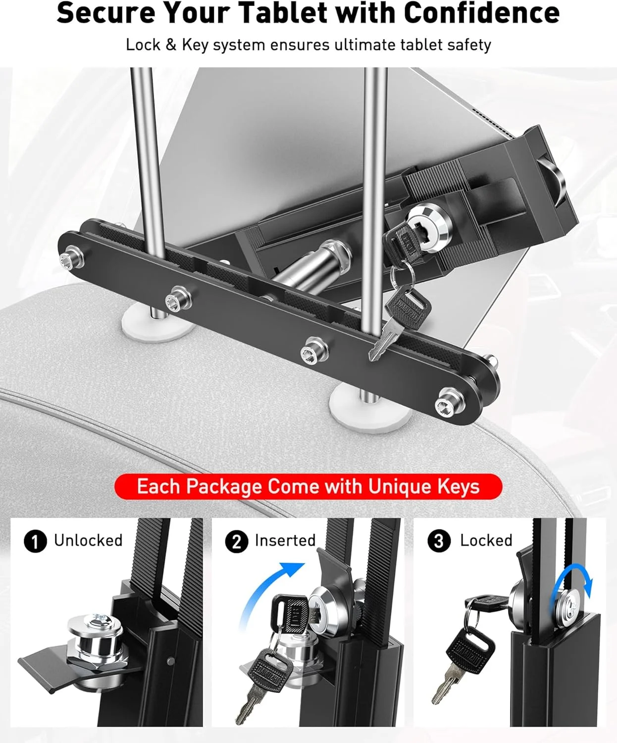 نگهدارنده تبلت AboveTEK برای پشت سری خودرو - نگهدارنده تبلت برای صندلی عقب خودرو، سیستم قفل ایمن با چرخش 360 درجه، مناسب برای تبلت های 4 تا 11 اینچی، پایه آلومینیومی بادوام برای سفر و کار، مشکی
