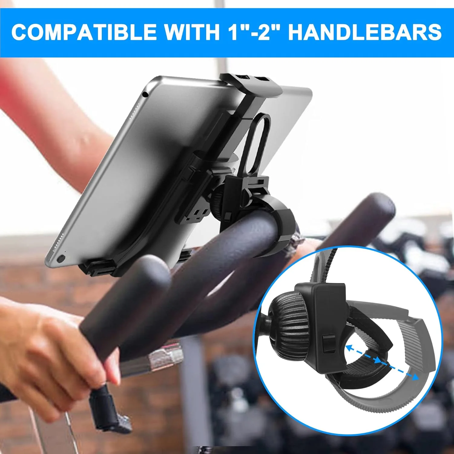 پایه نگهدارنده یونیورسال AboveTEK برای آیپد، پایه آیپد/آیفون برای دوچرخه ثابت - ضد ضربه با قابلیت چرخش 360 درجه، بند قابل تنظیم 3.5 تا 12 اینچی برای باشگاه، تردمیل، دوچرخه اسپینینگ، الپتیکال