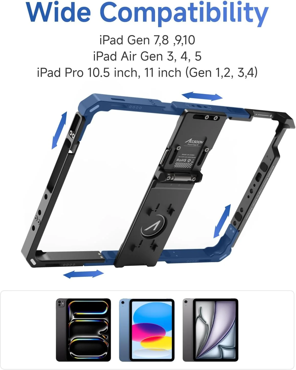 محافظ آیپد Accsoon PowerCage II با آداپتور باتری NP-F و پیچ 1/4 اینچی، سازگار با آیپد نسل 7، 8، 9، 10، 11، آیپد ایر 3، 4، 5، 6، 7، آیپد پرو 10.5-11 اینچ (نسل 1، 2، 3، 4، M4)، قفس محافظ آیپد قابل تنظیم، قابل استفاده با SeeMo 4K/Nano