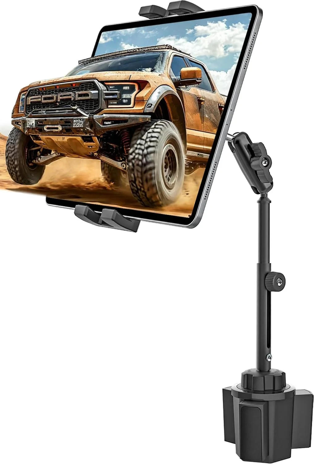 پایه نگهدارنده تبلت 15.6 اینچی برای جا لیوانی خودرو - [دید مرتفع] جا لیوانی کامیون سنگین برای تبلت های بزرگ، بازوی فلزی قابل تنظیم برای آیپد پرو ایر مینی، آیفون، گلکسی تب، دستگاه های 4.7-15.6 اینچی