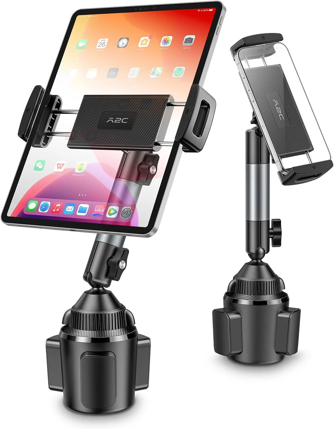 نگهدارنده تبلت A2C با مقاومت بالا برای جا لیوانی خودرو، بازوی آلیاژ آلومینیوم پایدار و قابل تنظیم 5.5 اینچی، پایه تبلت برای خودرو، کامیون، لوازم ضروری سفر جاده ای سازگار با تلفن های همراه و تبلت های 4.7 تا 13 اینچی