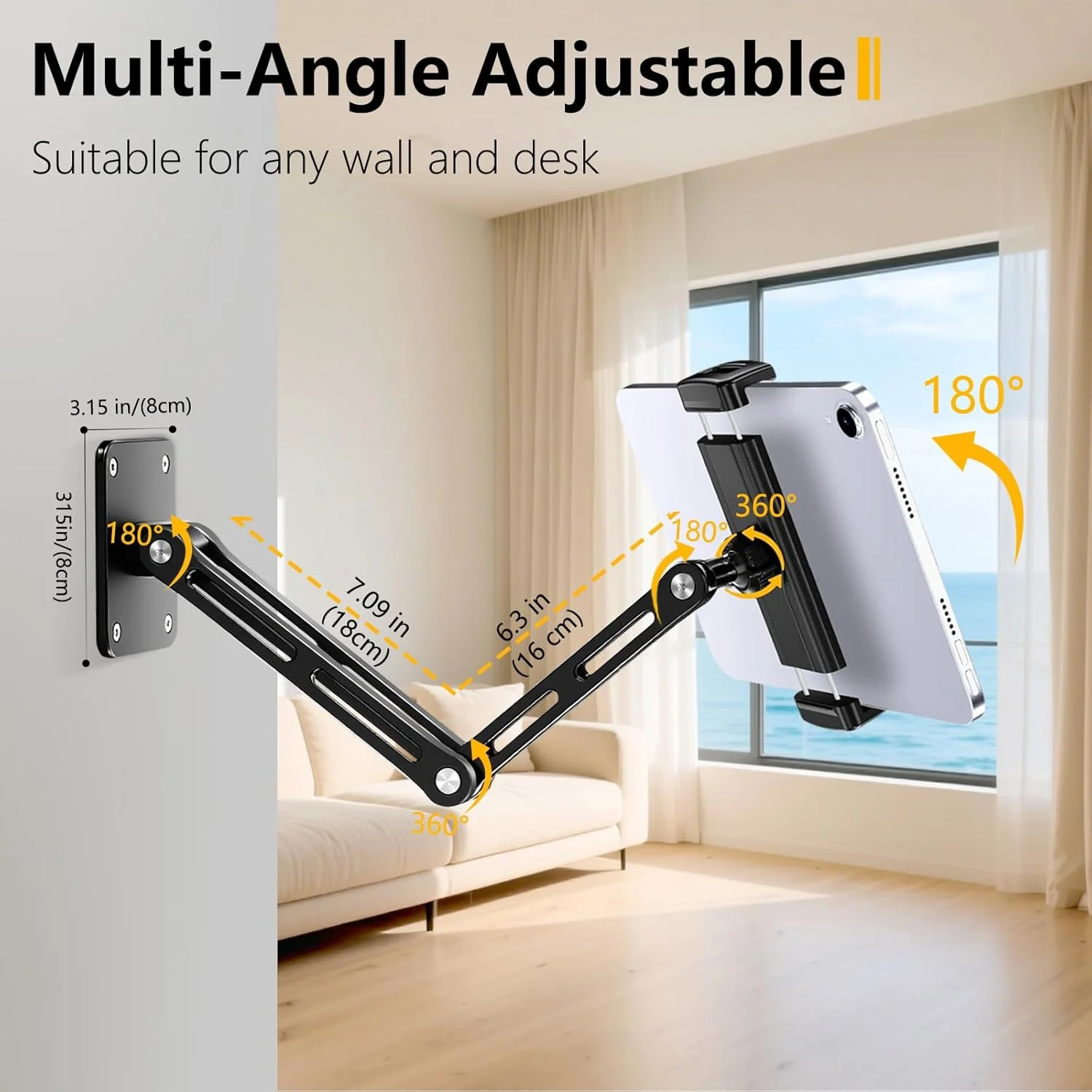 نگهدارنده دیواری تبلت برای دستگاه‌های ۴.۷ تا ۱۵.۶ اینچی، نگهدارنده دیواری آیپد با بازو و پایه چرخان قابل تنظیم سازگار با آیپد و سایر تبلت‌ها