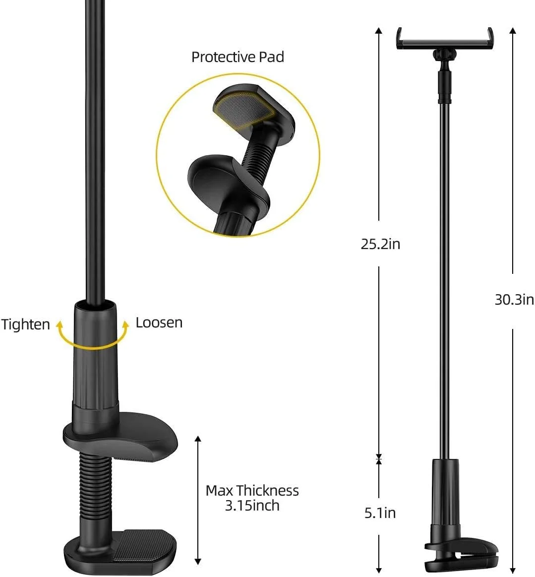 پایه نگهدارنده تبلت گردن غازی 3Data، پایه تبلت یونیورسال: بازوی انعطاف پذیر 360 درجه با گیره برای تخت مناسب برای پد ایر پرو مینی 4.7 تا 10.5 اینچی، تب سامسونگ، تلفن، نینتندو سوییچ و دستگاه های دیگر (مشکی)