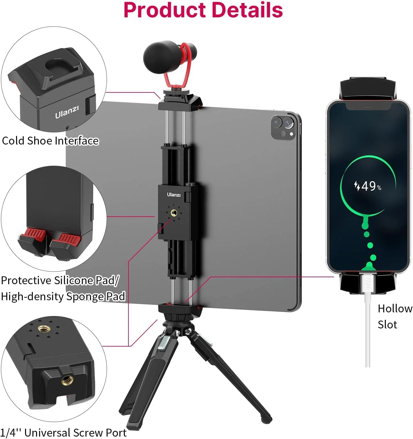 نگهدارنده تبلت و گوشی هوشمند یونیورسال 2 در 1 با مانت کفشک سرد، گیره قابل گسترش برای سه پایه، سازگار با اکثر تبلت ها و گوشی های هوشمند (2.6 اینچ - 8.8 اینچ)