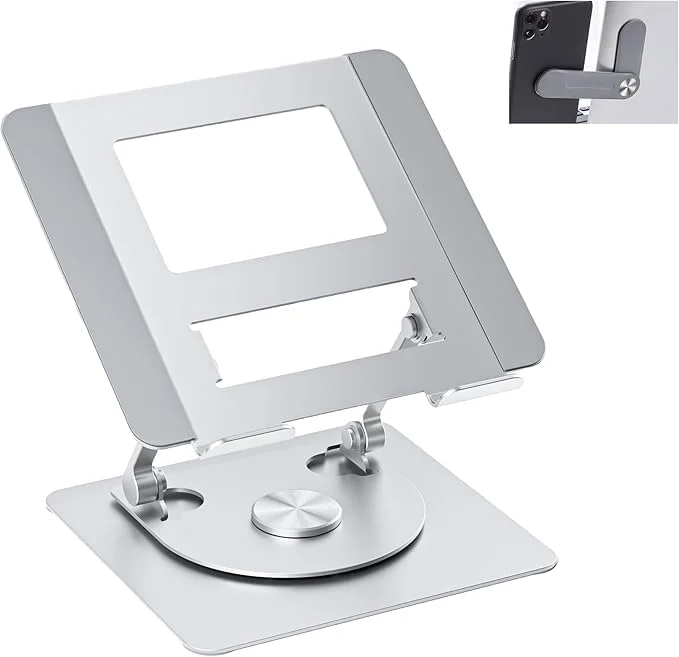 پایه لپ تاپ چرخان 360 درجه: ایده آل برای تجربه دید بهتر ● طراحی ارگونومیک: صفحه نمایش را برای زاویه دید بهتر به سطح چشم بالا می برد ● تهویه مناسب: طراحی باز گردش هوا را افزایش می دهد - مناسب برای کار