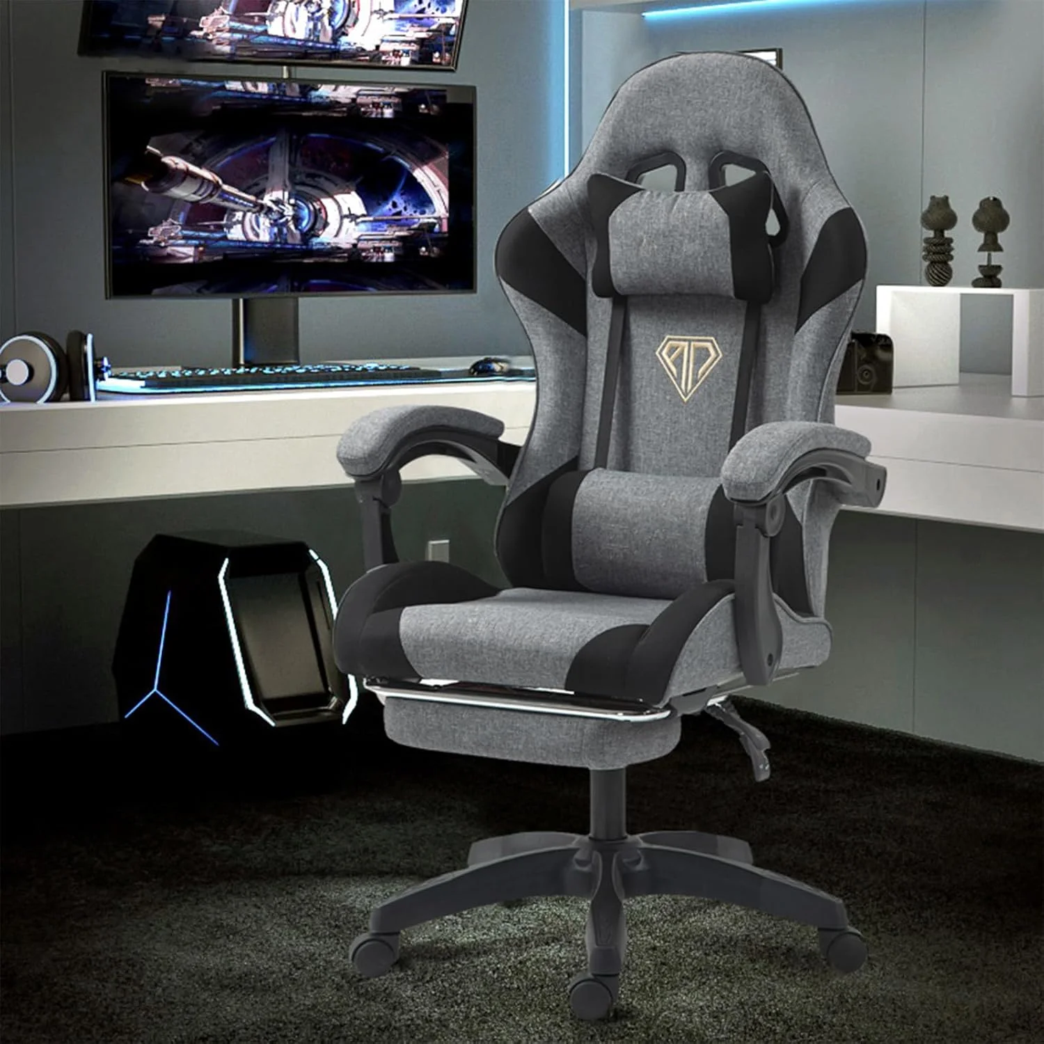 صندلی گیمینگ Wemart، صندلی کامپیوتر پارچه ای با زیرپایی و پشتیبانی کمری، صندلی بازی با قابلیت تنظیم ارتفاع با چرخش 360 درجه و تکیه گاه سر مناسب برای دفتر کار یا بازی صندلی گیمینگ Wemart، صندلی کامپیوتر پارچه ای با زیرپایی و پشتیبانی کمری، صندلی بازی با قابلیت تنظیم ارتفاع با چرخش 360 درجه و تکیه گاه سر مناسب برای دفتر کار یا بازی