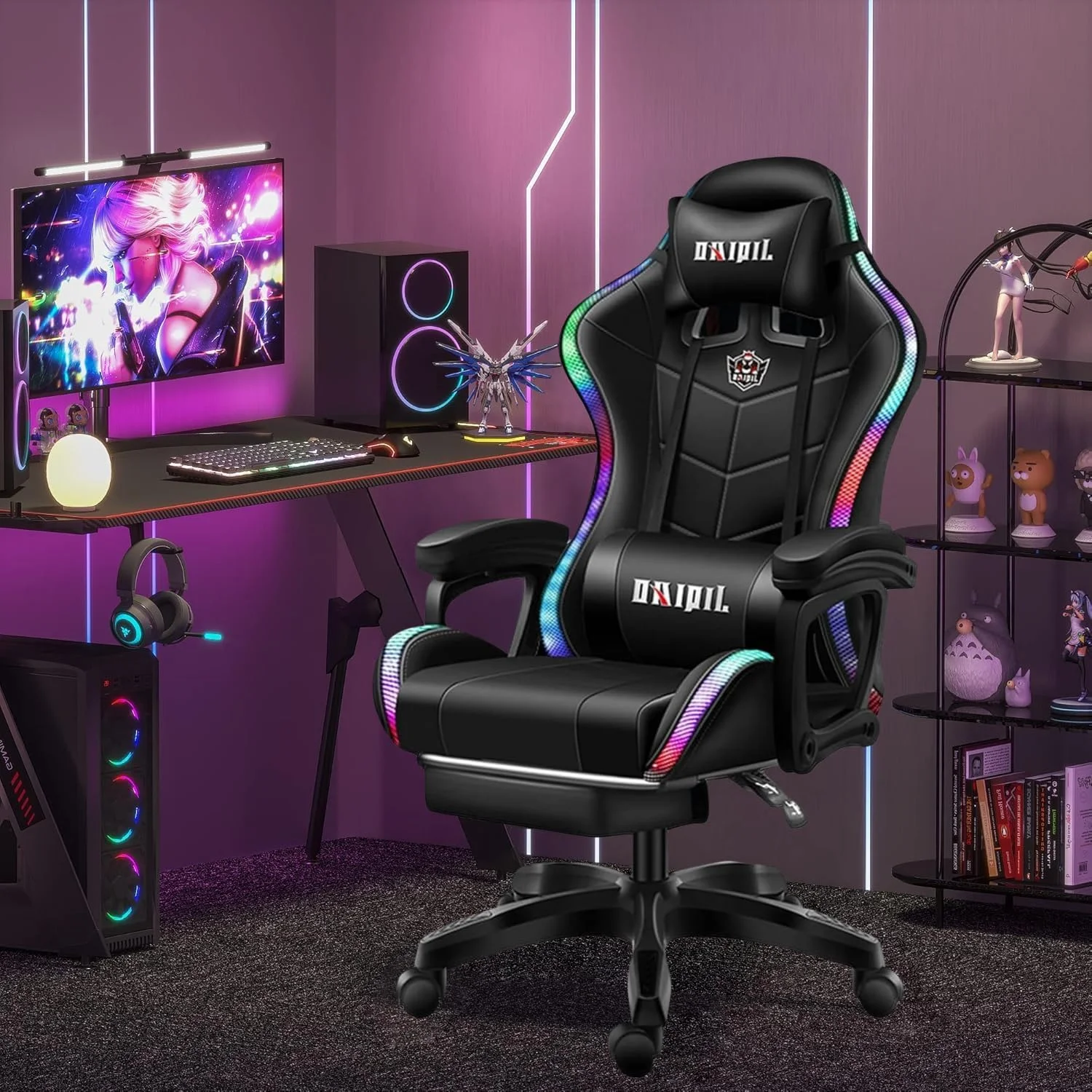 صندلی گیمینگ کامپیوتر با نور LED، صندلی اداری ارگونومیک با ماساژور، پشتیبانی کمری و پشتی قابل تنظیم، نیمکت با نرده محافظ و کوسن لاتکس صندلی گیمینگ کامپیوتر با نور LED، صندلی اداری ارگونومیک با ماساژور، پشتیبانی کمری و پشتی قابل تنظیم، نیمکت با نرده محافظ و کوسن لاتکس