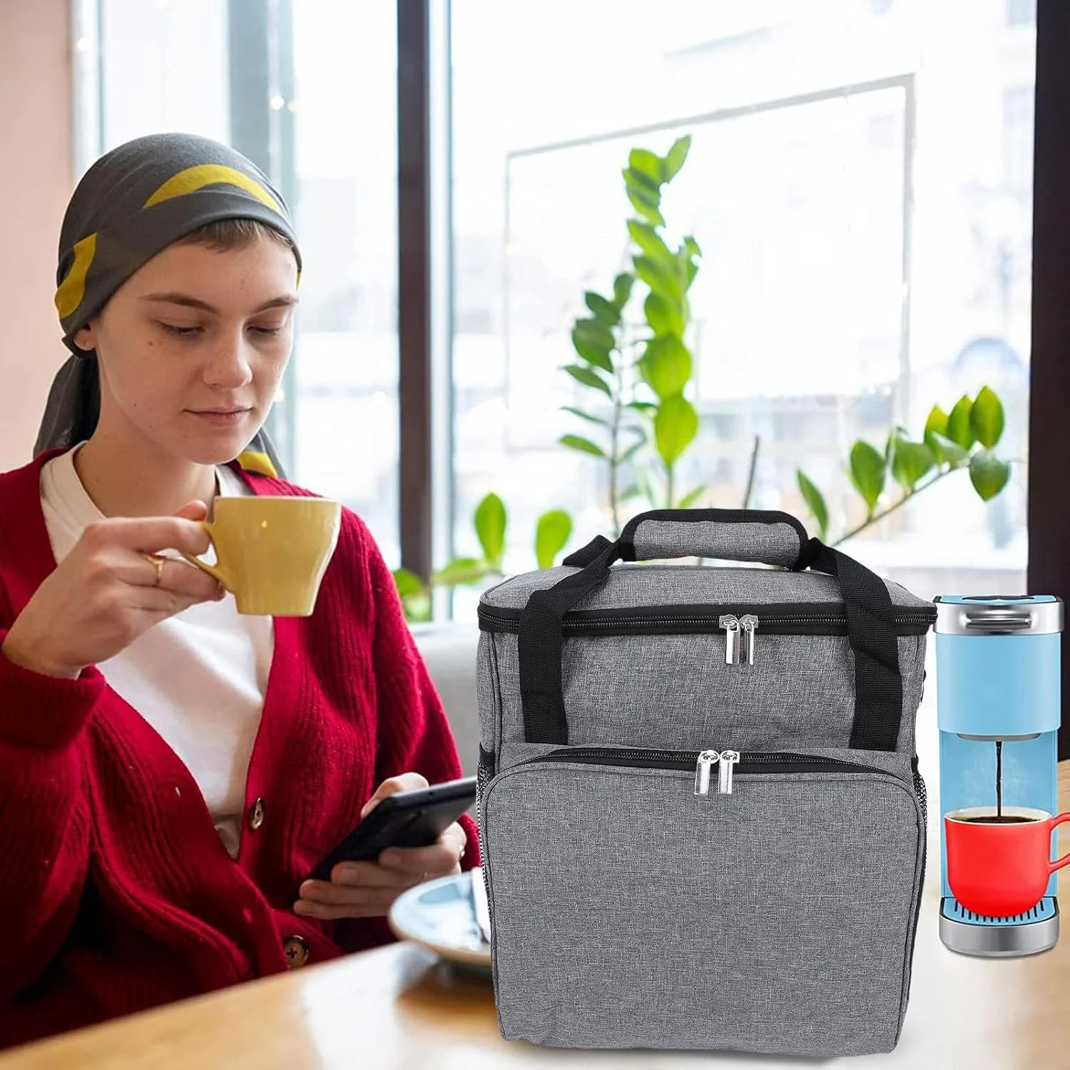 کیف مسافرتی، کیف قابل حمل دستگاه قهوه ساز، کیف نگهداری با بند شانه ای، دیواره جانبی و کف لایه دار برای دستگاه قهوه ساز جمع و جور و لوازم جانبی، مناسب کمپینگ و سفرهای کاری