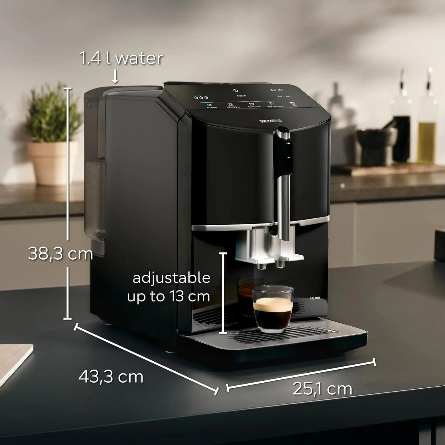 دستگاه اسپرسوساز تمام اتوماتیک زیمنس مدل TF301G19 EQ300 با قابلیت تهیه قهوه از دانه، دارای فوم ساز شیر، 4 نوع قهوه، 3 درجه غلظت قهوه، مشکی