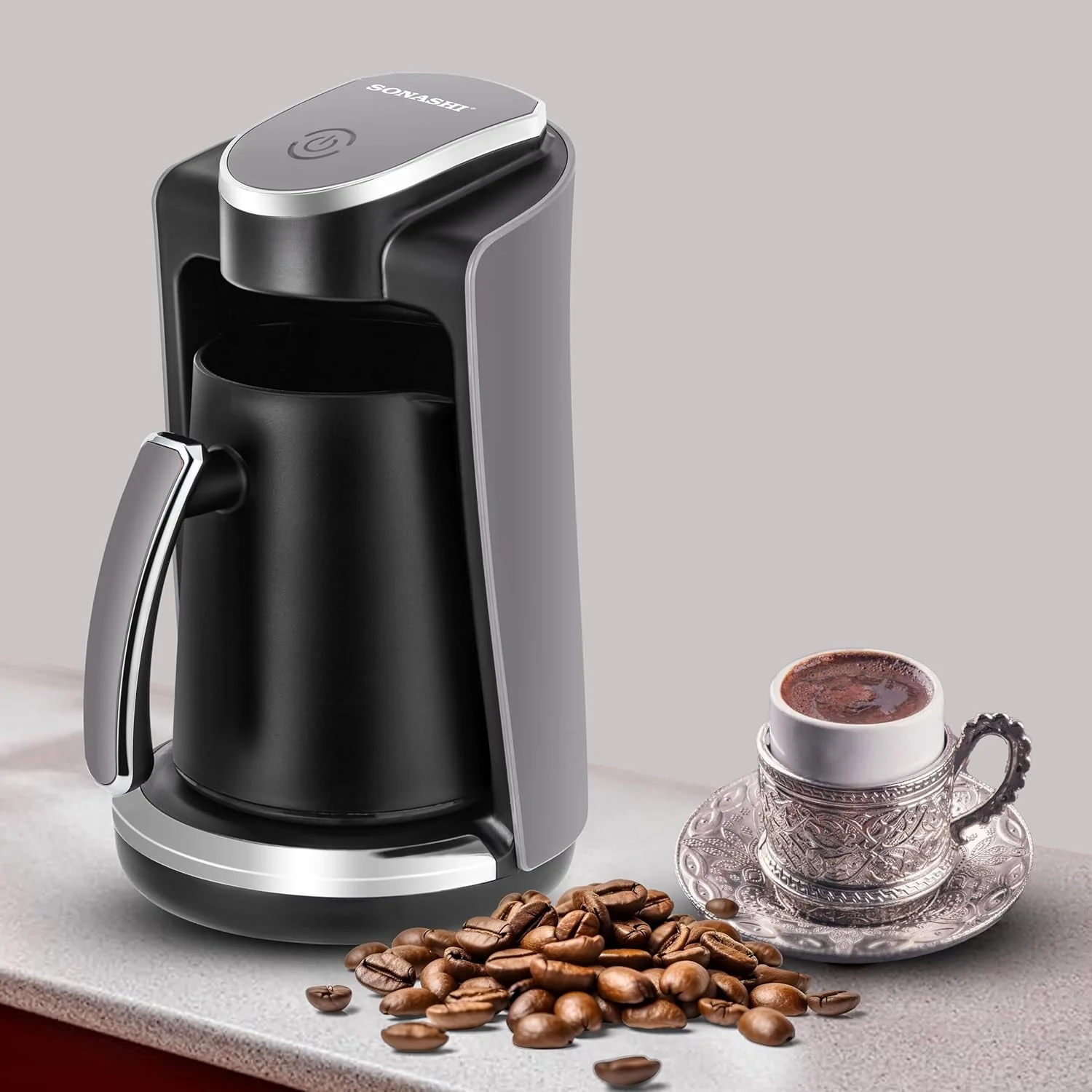 قهوه ساز برقی ترک سوناشی با ظرفیت 250 میلی لیتر، دارای نشانگر نور و صدا، قابلیت قطع خودکار و محافظت در برابر گرمای بیش از حد مدل STCM-4973 مشکی/نقره ای