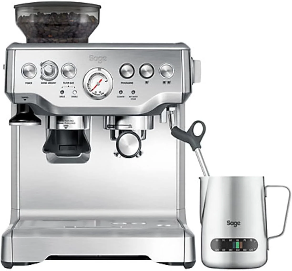 دستگاه اسپرسوساز Sage Barista Express - آسیاب دار و دارای فوم ساز شیر، استیل ضد زنگ برس خورده - نسخه امارات متحده عربی، قهوه رایگان از RAW