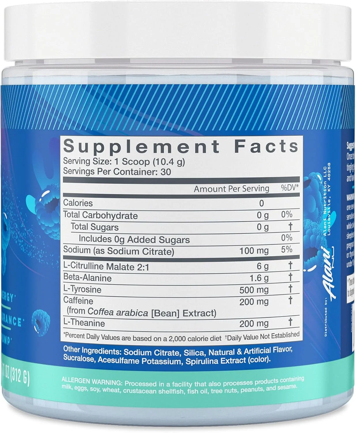 پودر قبل از تمرین آلانی نو با طعم بریزبری، افزایش انرژی آمینو، مکمل استقامت، بدون شکر، 200 میلی گرم کافئین، ال-تیانین، بتا-آلانین، ال-سیترولین، 30 سروینگ
