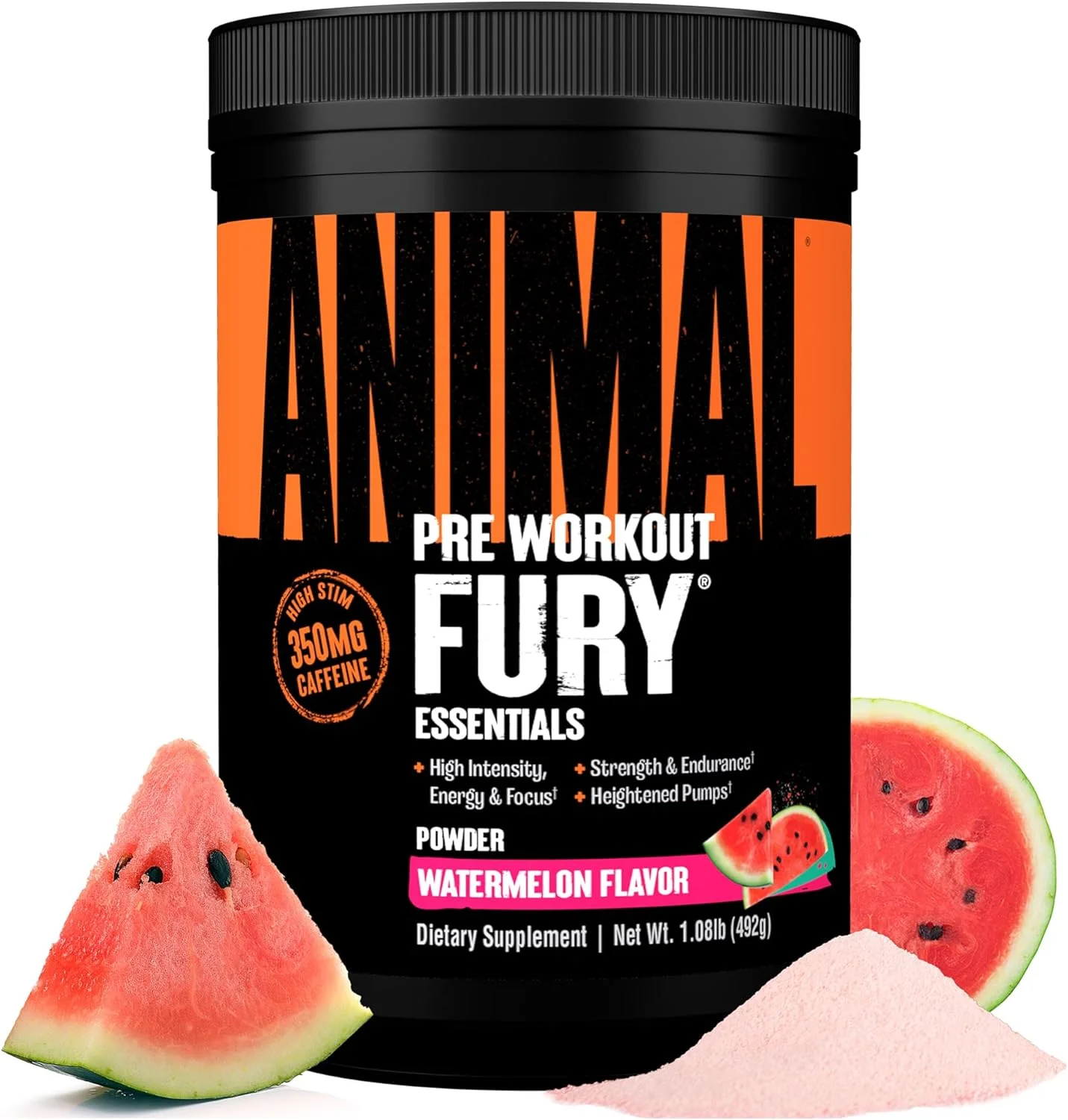 مکمل پودری قبل از تمرین Animal Fury برای انرژی و تمرکز، 5 گرم BCAA، 350 میلی گرم کافئین، اکسید نیتریک بدون کراتین، محرک قوی برای بدنسازان، هندوانه