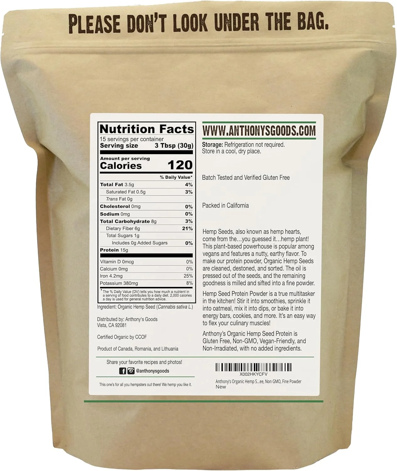 پودر پروتئین دانه شاهدانه ارگانیک آنتونی، 450 گرم، پرس سرد، بدون گلوتن، غیر تراریخته، پودر نرم پودر پروتئین دانه شاهدانه ارگانیک آنتونی، 450 گرم، پرس سرد، بدون گلوتن، غیر تراریخته، پودر نرم