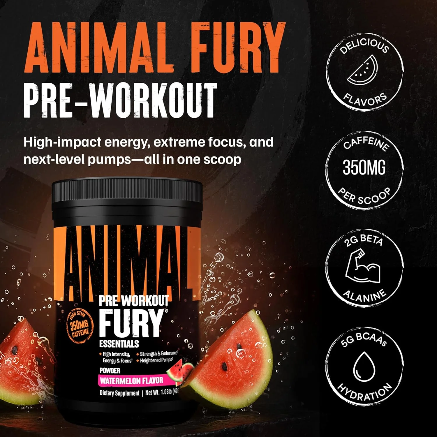 مکمل پودری قبل از تمرین Animal Fury برای انرژی و تمرکز، 5 گرم BCAA، 350 میلی گرم کافئین، اکسید نیتریک بدون کراتین، محرک قوی برای بدنسازان، هندوانه