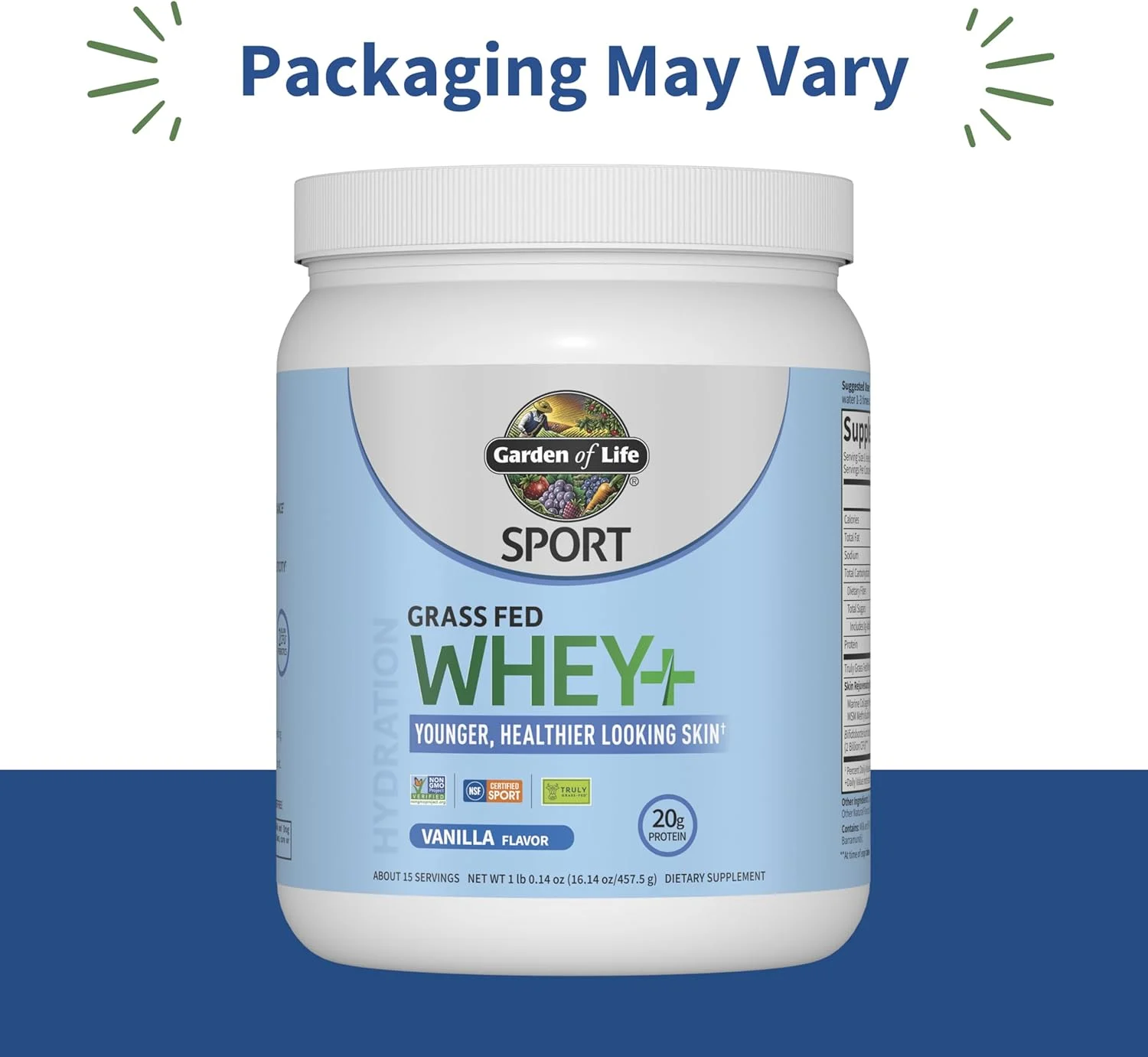 پودر پروتئین وی ورزشی Garden of Life با طعم وانیل 20 گرم به همراه پپتیدهای کلاژن دریایی و MSM برای زنان و مردان، انرژی آمینو بهینه، پوست جوان تر و سالم تر - تغذیه شده با علف، حدود 15 سروینگ