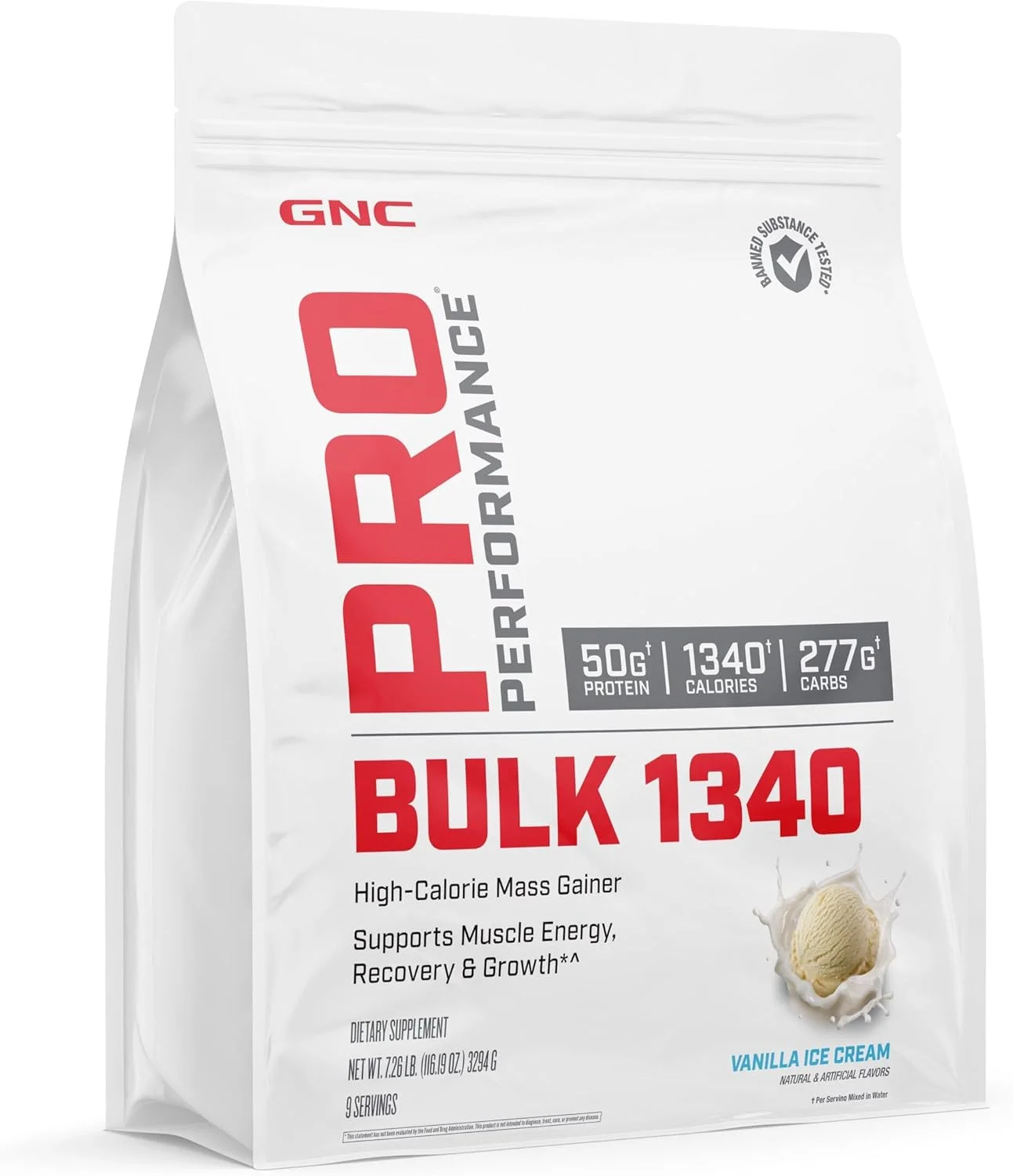 پودر پروتئین افزایش حجم GNC Pro Performance Bulk 1340، 50 گرم، بدون گلوتن، وی، کراتین، BCAA، تست شده توسط شخص ثالث، ریکاوری و رشد عضلات، ریز مغذی ها، بستنی وانیلی، 9 سروینگ