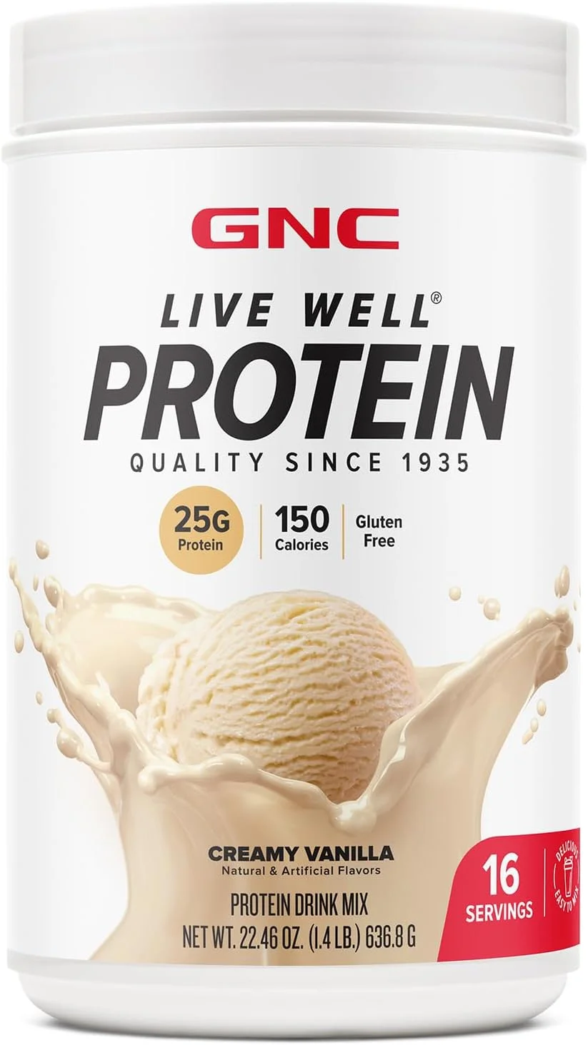 پروتئین GNC Live Well، کیفیت از سال 1935، 25 گرم، بدون گلوتن، وانیلی خامه‌ای، 16 سروینگ