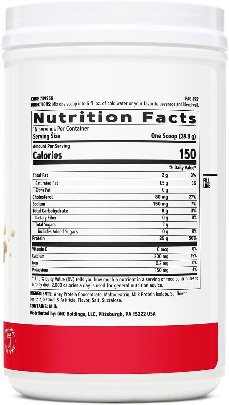 پروتئین GNC Live Well، کیفیت از سال 1935، 25 گرم، بدون گلوتن، وانیلی خامه‌ای، 16 سروینگ