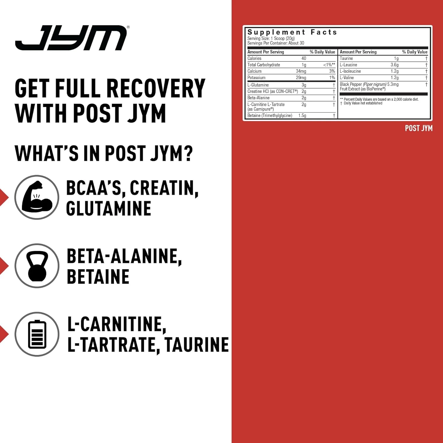 پودر ریکاوری آمینو Post JYM Active Matrix از JYM Supplement Science با طعم رنگین کمان، حاوی کراتین HCL خالص، BCAA، گلوتامین، کارنیتین، بتائین، تورین برای قدرت، ترمیم و عملکرد، 30 سروینگ