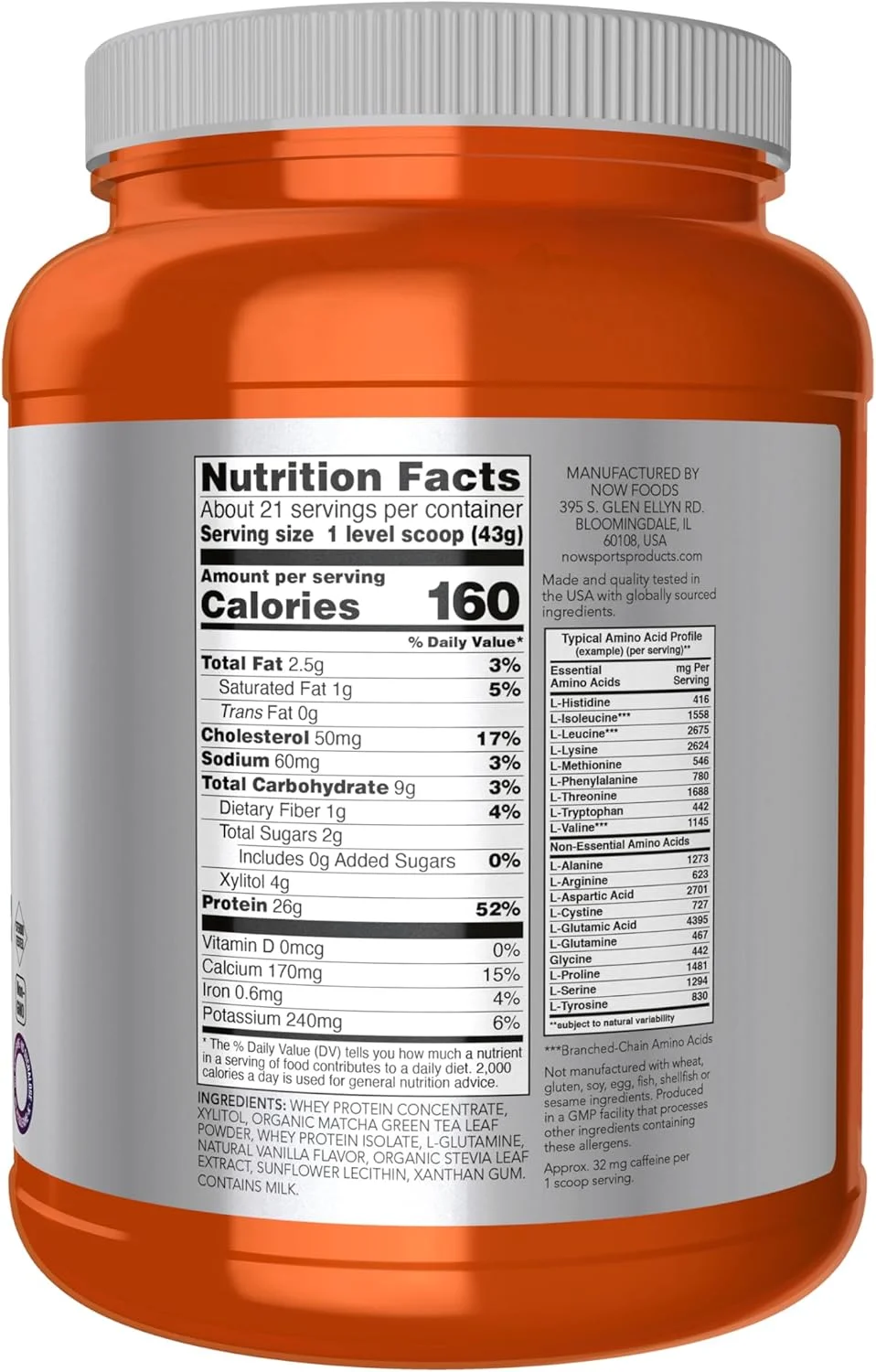 NOW Sports Nutrition، پروتئین وی، 24 گرم با BCAAs، پودر ماچا، 2 پوند