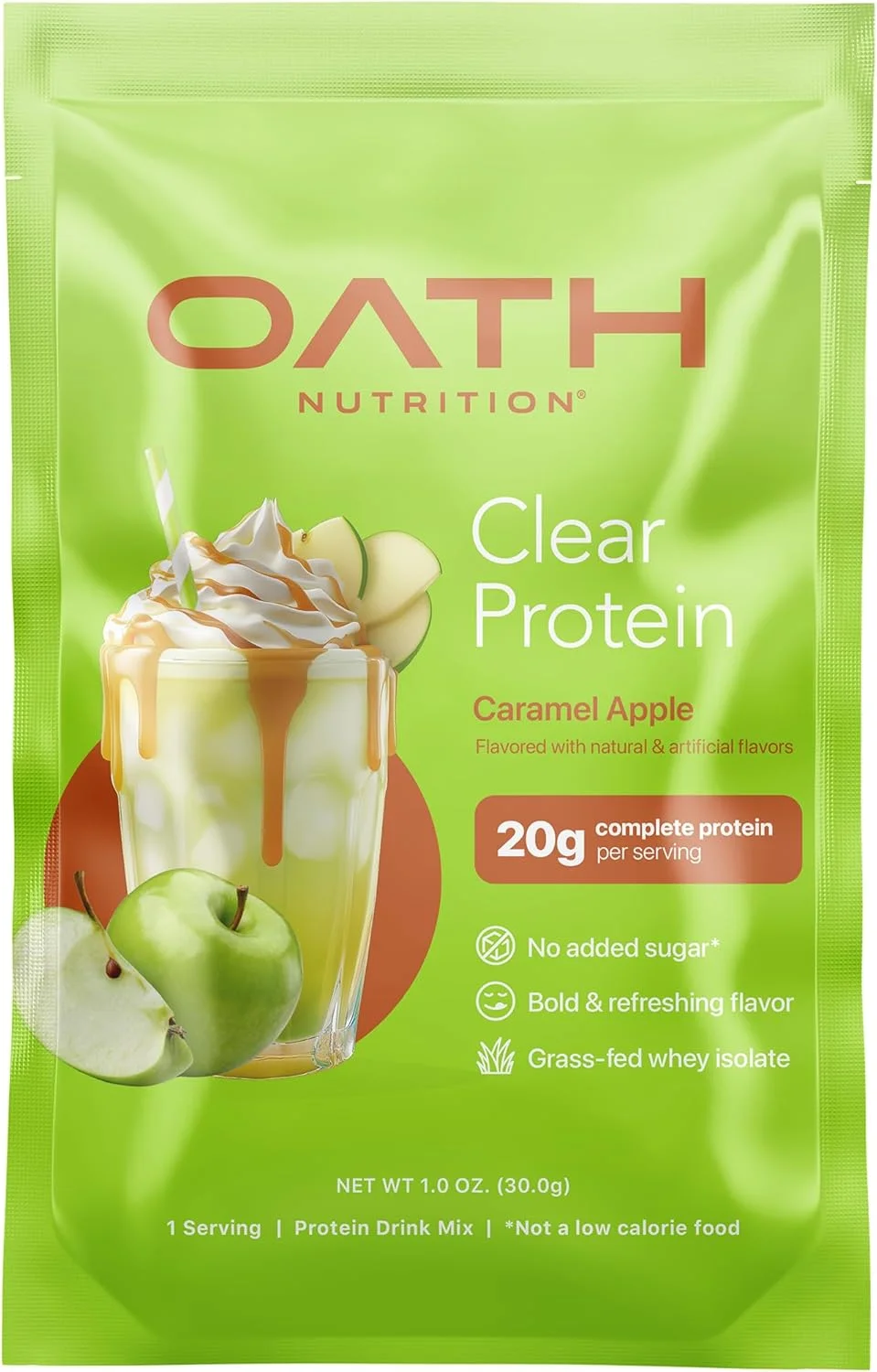 پودر پروتئین وی ایزوله شفاف Oath Nutrition، سیب کاراملی، 20 گرم پروتئین کامل در هر وعده، بدون شکر افزوده، تغذیه شده با علف، تک نفره (6 عدد)